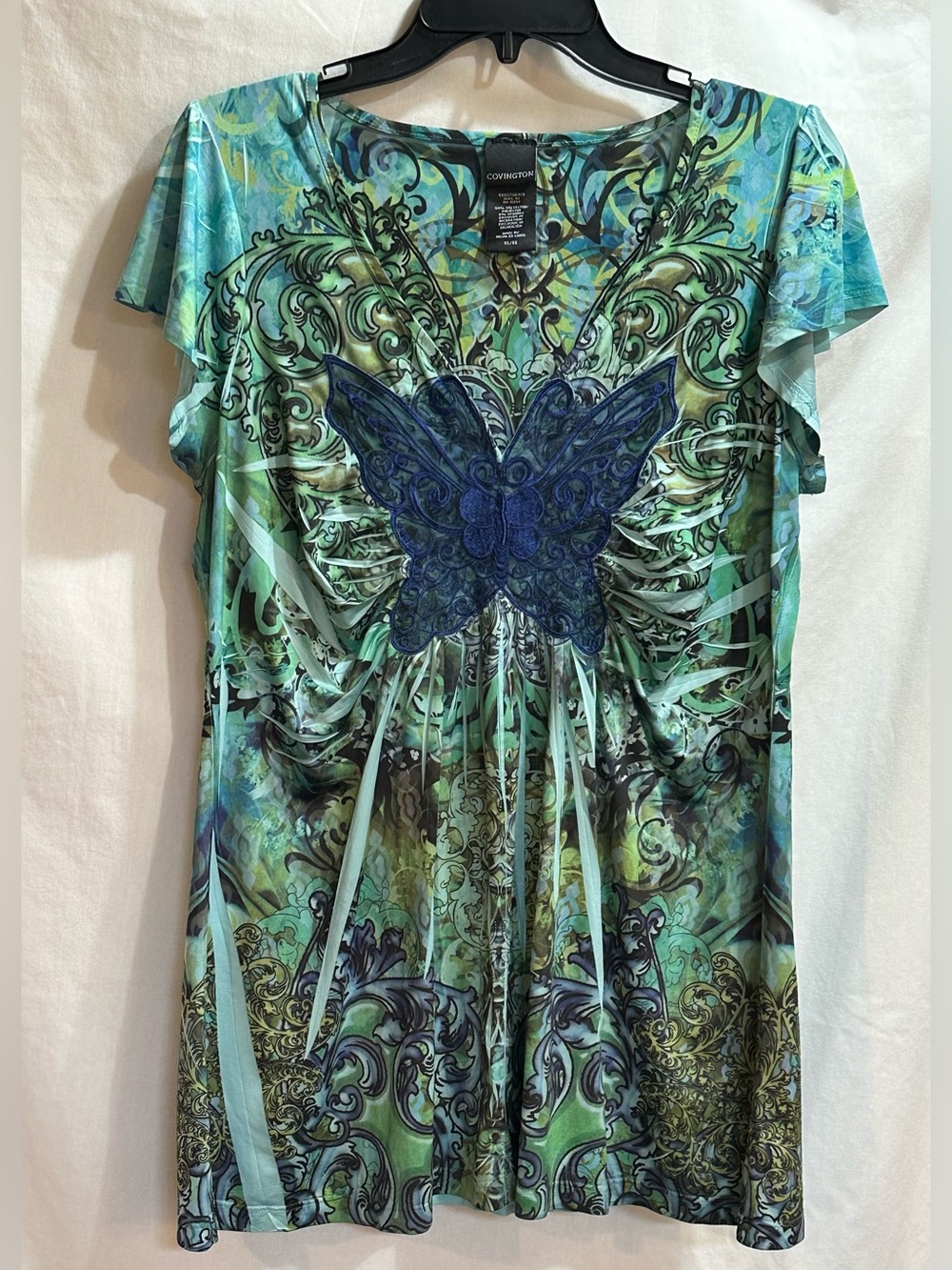 Covington Teal, Green and Blue Butterfly Embroidered Short Sleeve Tunic